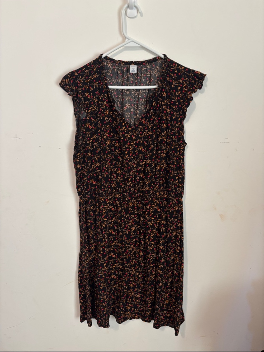 Old Navy Black Midi Dress with Red and Tan Floral Print